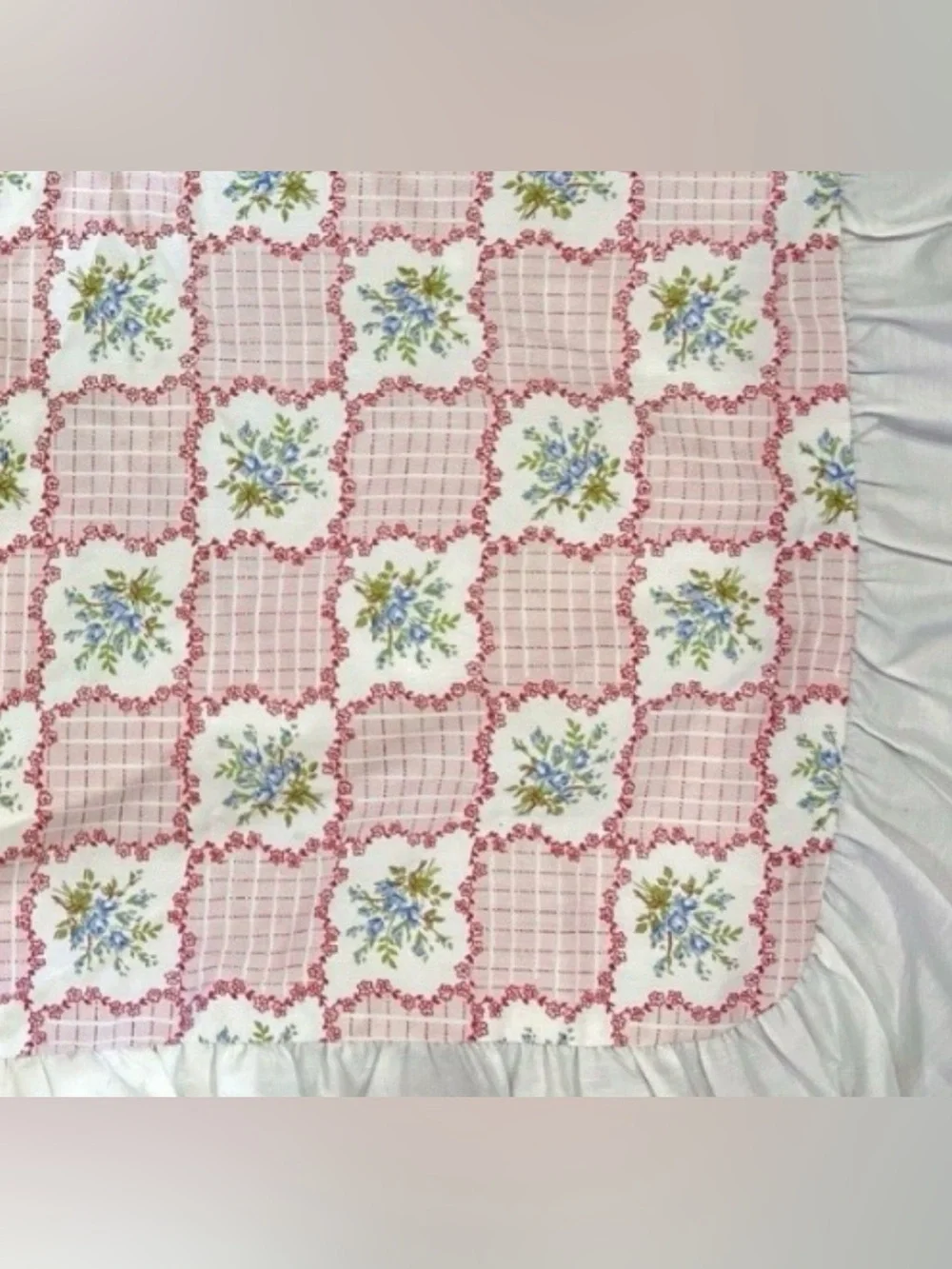 Vintage Floral Patchwork Ruffle Pillow Sham 25x19 USA Cottagecore Pink Blue